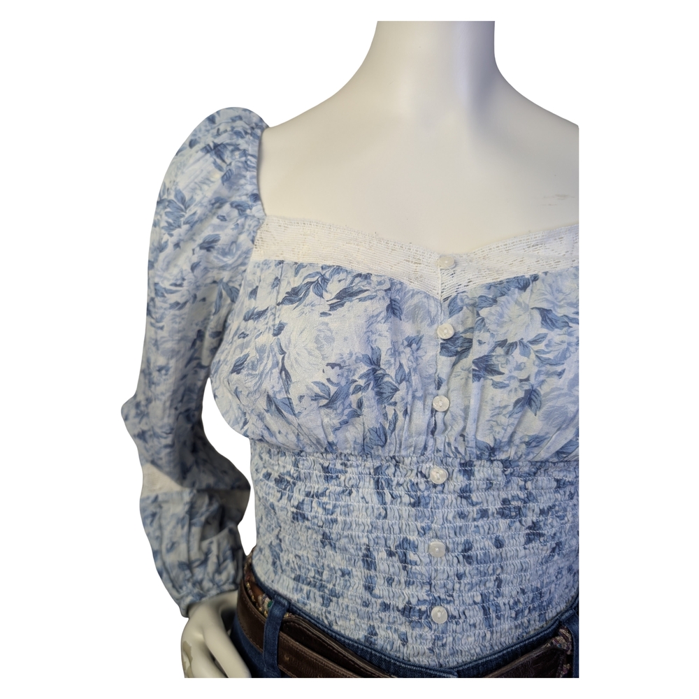 American Eagle Blue Floral Smocked Prairie Blouse | Cottagecore Western | Size M - Picture 4 of 12
